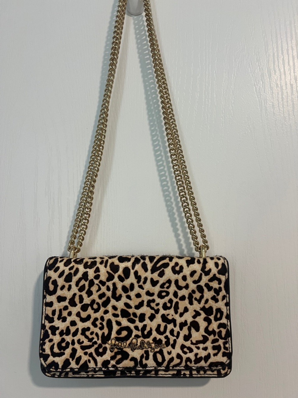 Lilly Pulitzer Kat Leopard Haircalf Crossbody Bag Purse Gold Chain